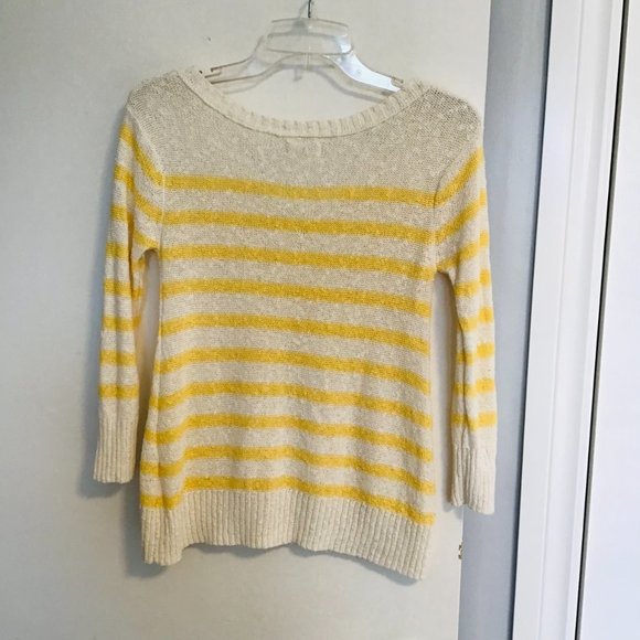 AERIE Cream & Yellow Striped Scoop Neck Sweater With Button Detail - Picture 2 of 10